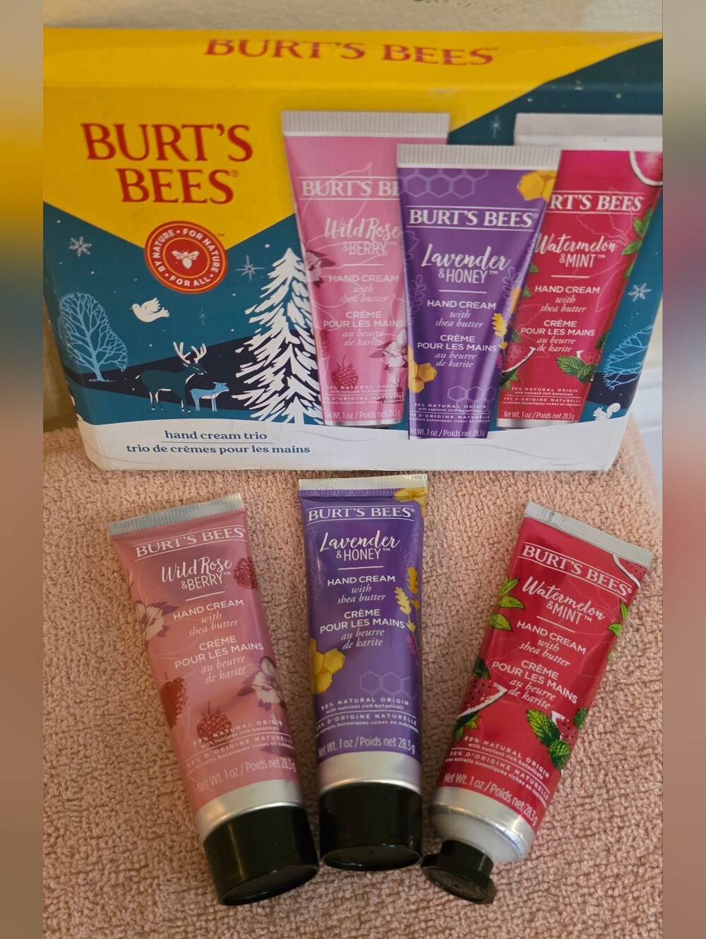 Burt's Bees Hand Cream Trio — Wild Rose, Lavender & Honey, Watermelon & Mint NWT